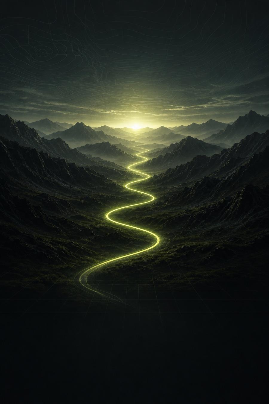 A neon route crossing a dark mountain valley toward a clear horizon